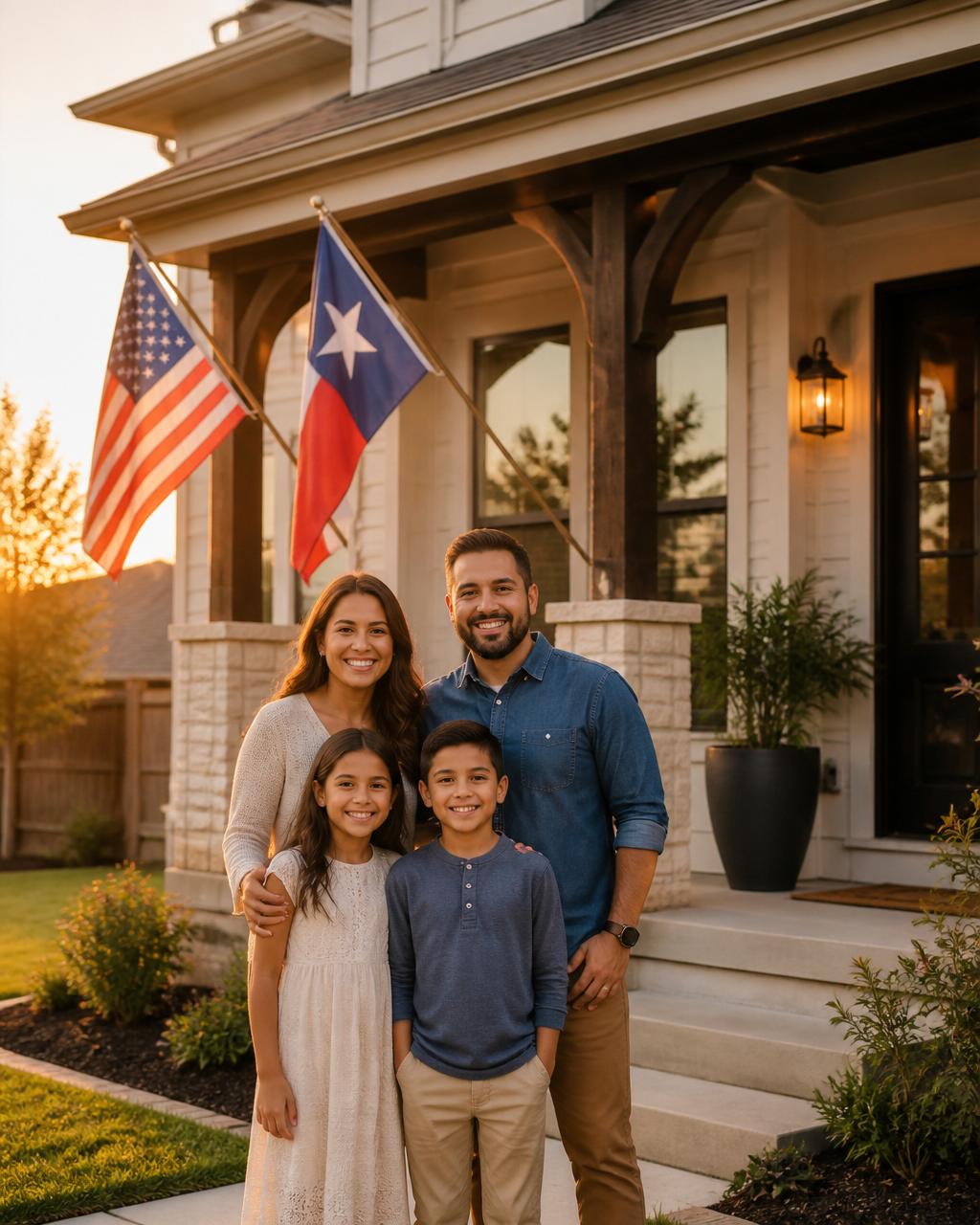 Happy family standing in front of their well-maintained Texas home with American and Texas flags
