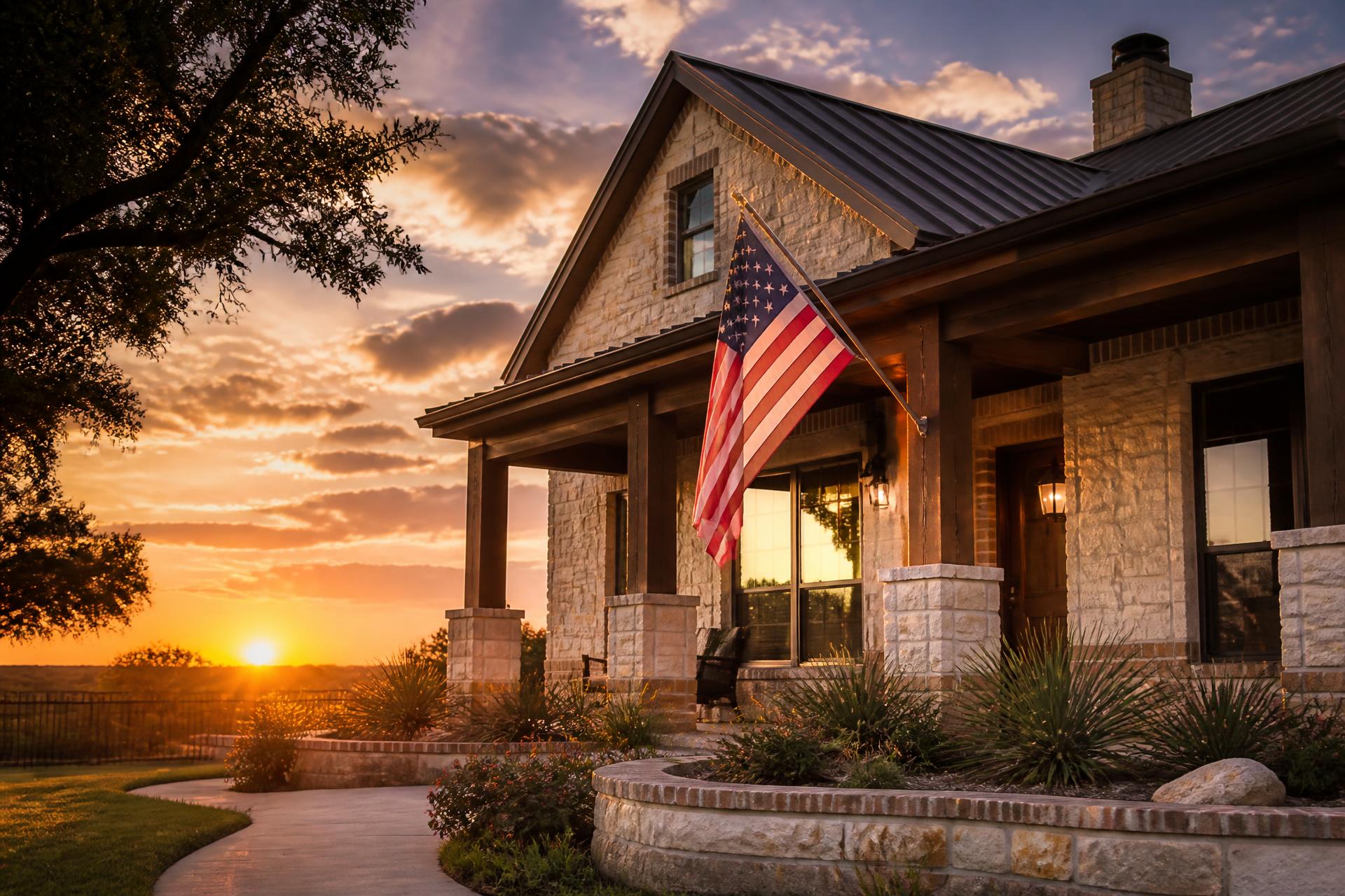 Texas home at golden hour with American flag on the porch